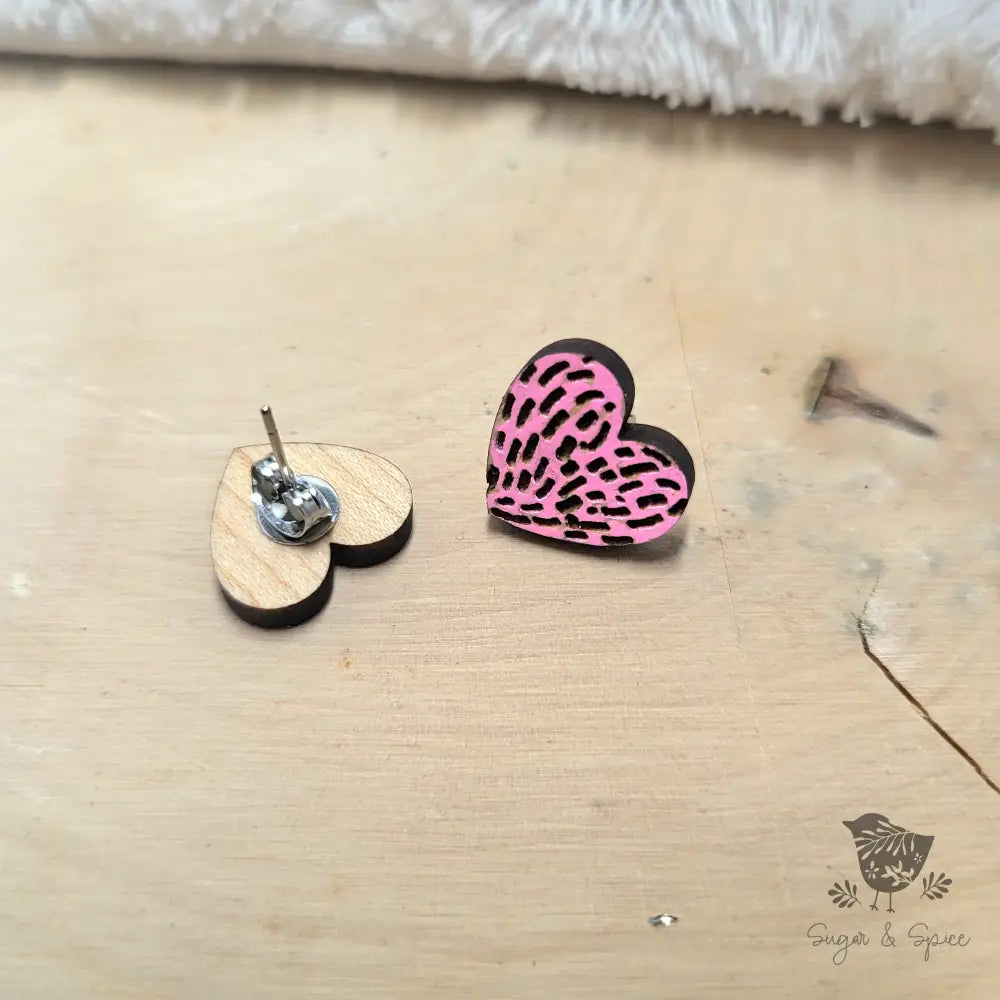 Pink Heart Patten Wood Earrings