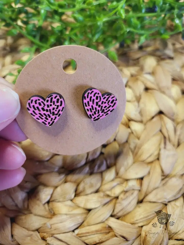 Pink Heart Valentines Day Wood Earrings