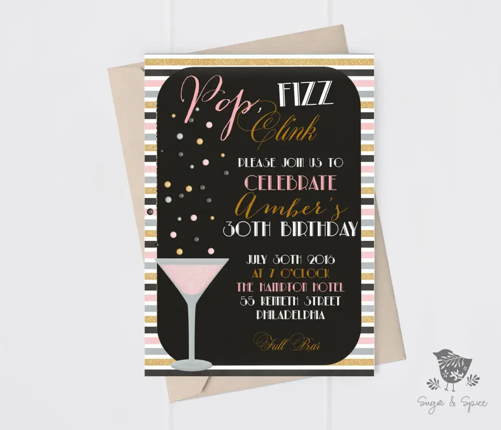 Pop Fizz Clink Champagne Birthday Invitation - Premium Digital File from Sugar and Spice Invitations - Just $1.95! Shop now at Sugar and Spice Paper