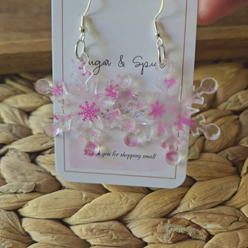 Pink Snowflake Frosted Acrylic Dangle Earrings