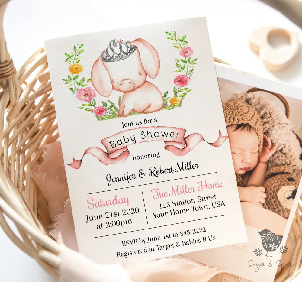 Princess Pig Baby Shower Invitation - Premium  from Sugar and Spice Invitations - Just $1.95! Shop now at Sugar and Spice Paper