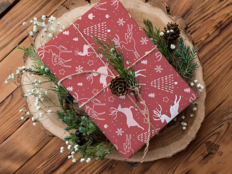 Red And Pink Deer Christmas Wrapping Paper Roll Home Decor