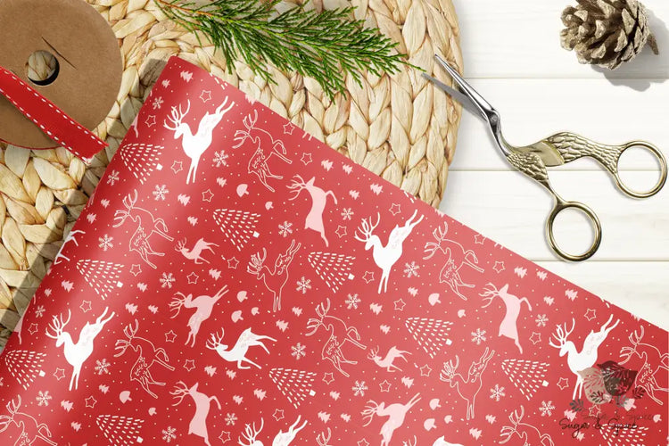 Red And Pink Deer Christmas Wrapping Paper Roll Home Decor