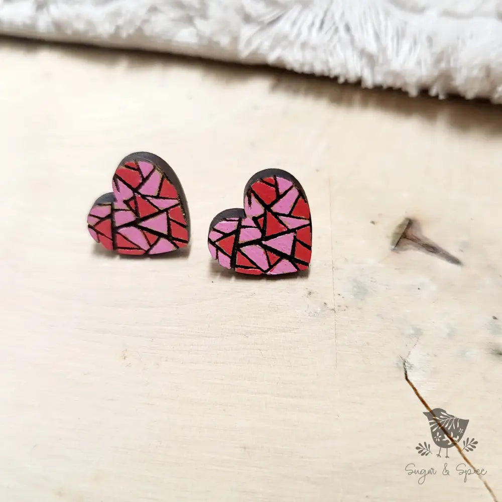 Red And Pink Heart Wood Earrings
