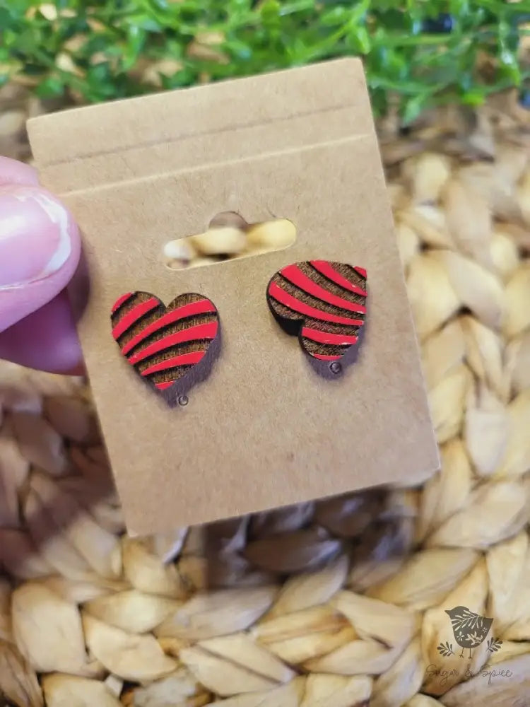 Red Heart Pattern Wood Earrings