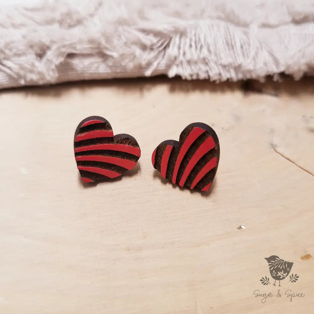 Red Heart Pattern Wood Earrings