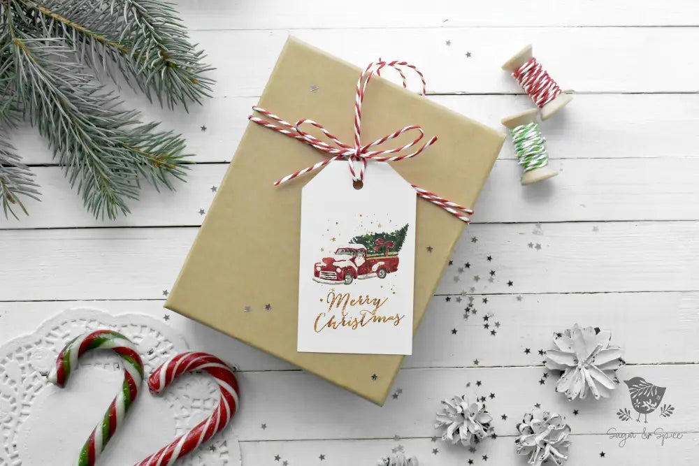 Red Truck Gold Christmas Tree Gift Tag - Premium Craft Supplies & Tools > Party & Gifting > Labels, Stickers & Tags > Tags from Sugar and Spice Invitations - Just $24! Shop now at Sugar and Spice Paper