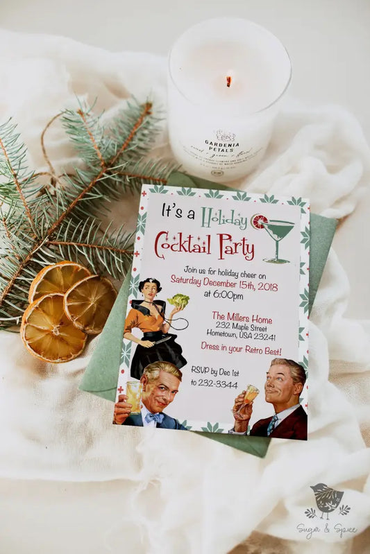 Retro Cocktail Party Christmas Invitation - Premium Digital File from Sugar and Spice Invitations - Just $2.10! Shop now at Sugar and Spice Paper