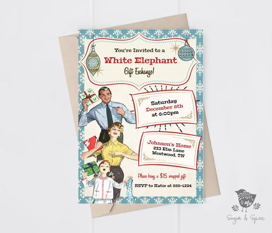 Retro White Elephant Christmas Invitation - Premium Digital File from Sugar and Spice Invitations - Just $2.10! Shop now at Sugar and Spice Paper
