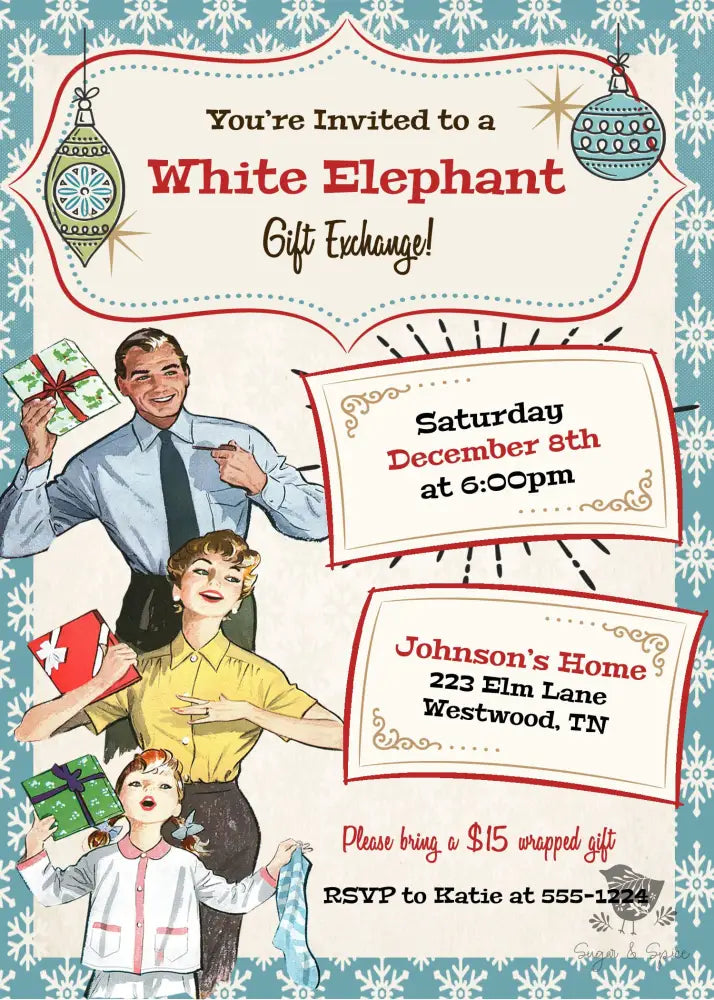 Retro White Elephant Christmas Invitation - Premium Digital File from Sugar and Spice Invitations - Just $2.10! Shop now at Sugar and Spice Paper