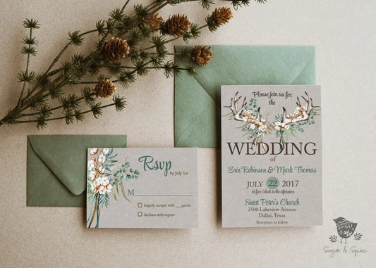 Rustic Boho Cotton and Antlers Wedding Invitation Suite - Premium  from Sugar and Spice Invitations - Just $2.15! Shop now at Sugar and Spice Paper