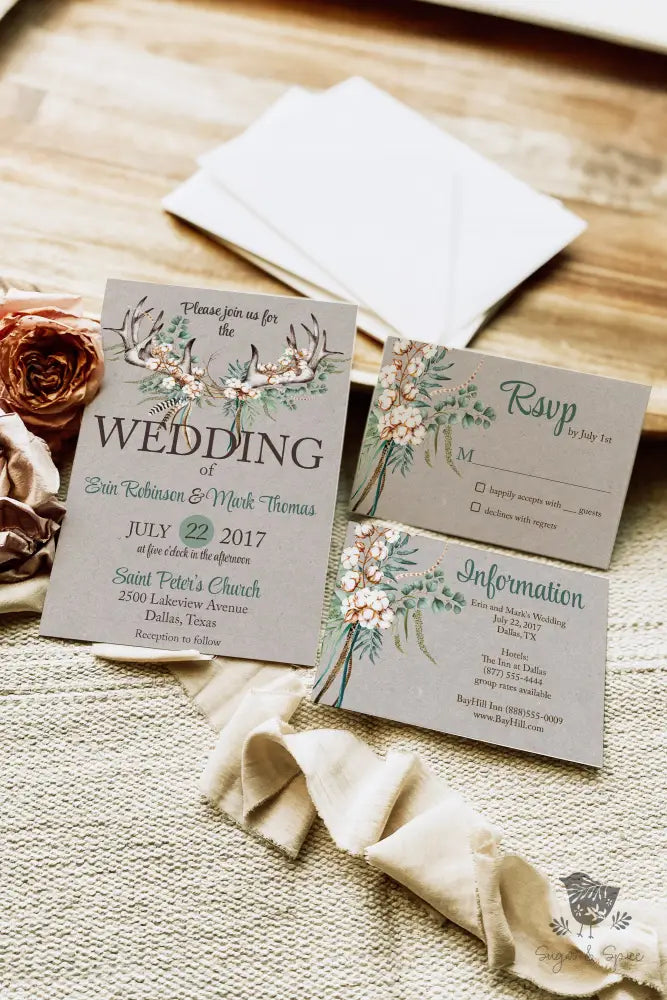 Rustic Boho Cotton and Antlers Wedding Invitation Suite - Premium  from Sugar and Spice Invitations - Just $2.15! Shop now at Sugar and Spice Paper