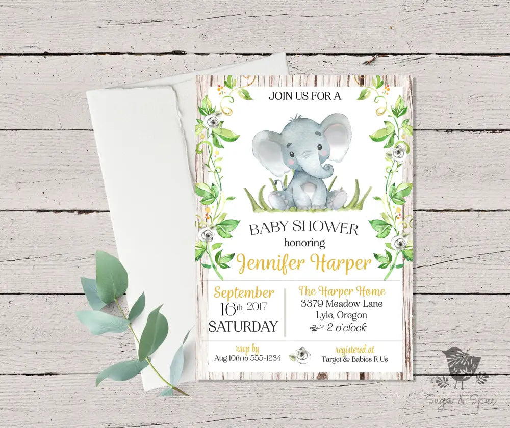 Rustic Elephant Baby Shower Invitation - Premium  from Sugar and Spice Invitations - Just $1.95! Shop now at Sugar and Spice Paper