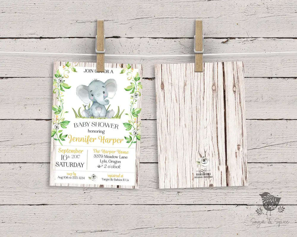 Rustic Elephant Baby Shower Invitation - Premium  from Sugar and Spice Invitations - Just $1.95! Shop now at Sugar and Spice Paper