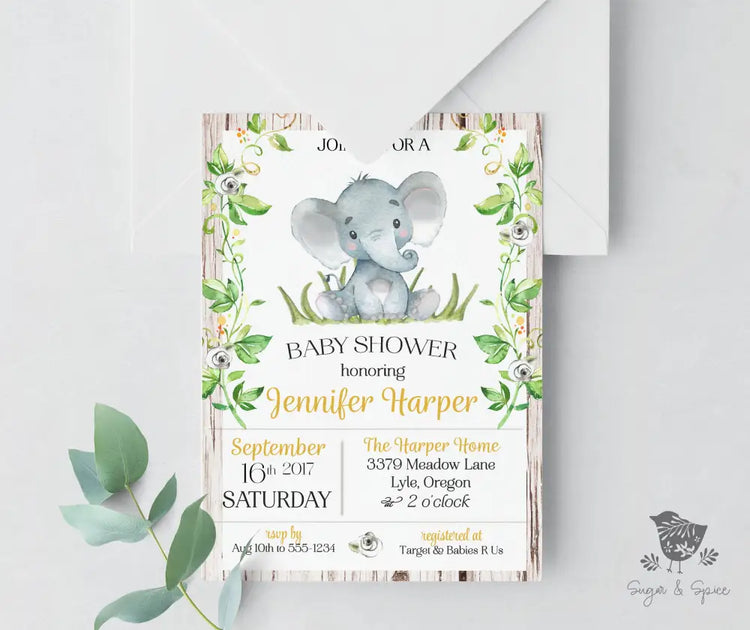 Rustic Elephant Baby Shower Invitation - Premium  from Sugar and Spice Invitations - Just $1.95! Shop now at Sugar and Spice Paper