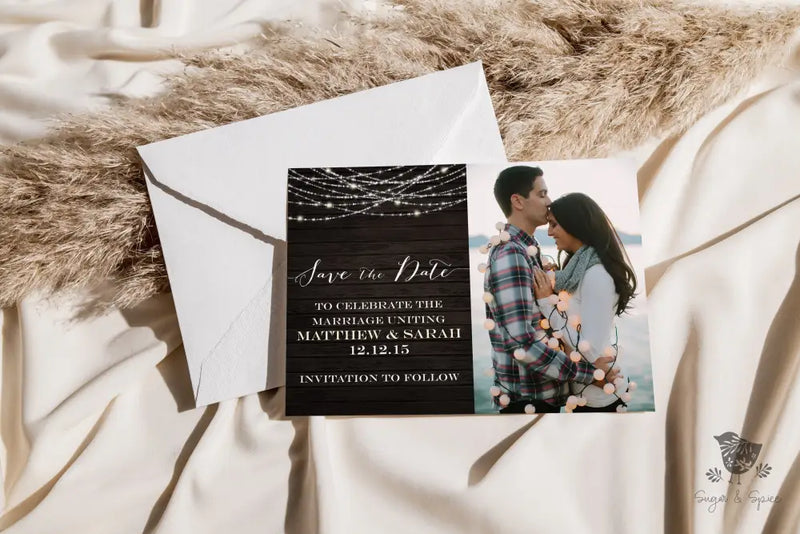 Rustic Photo Hanging Lights Save the Date - Premium Paper & Party Supplies > Paper > Invitations & Announcements > Invitations from Sugar and Spice Invitations - Just $2.50! Shop now at Sugar and Spice Paper