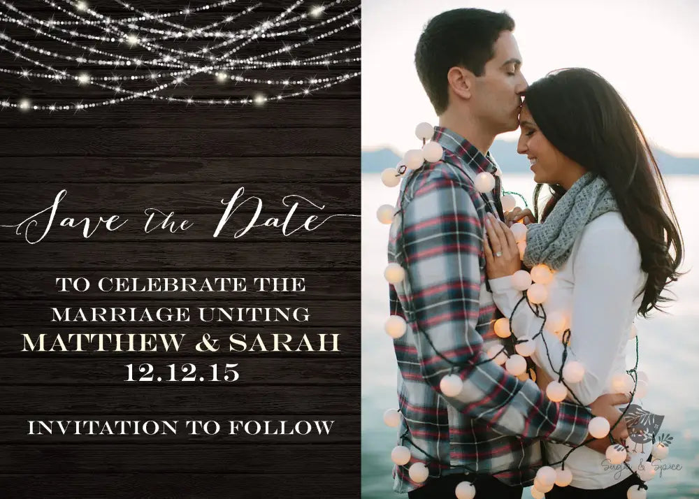 Rustic Photo Hanging Lights Save the Date - Premium Paper & Party Supplies > Paper > Invitations & Announcements > Invitations from Sugar and Spice Invitations - Just $2.50! Shop now at Sugar and Spice Paper