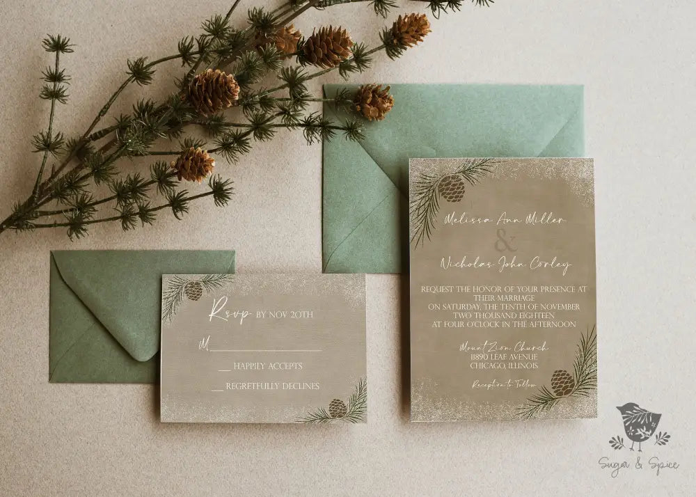 Rustic Pinecone and Snow Wedding Invitation - Premium  from Sugar and Spice Invitations - Just $2.15! Shop now at Sugar and Spice Paper