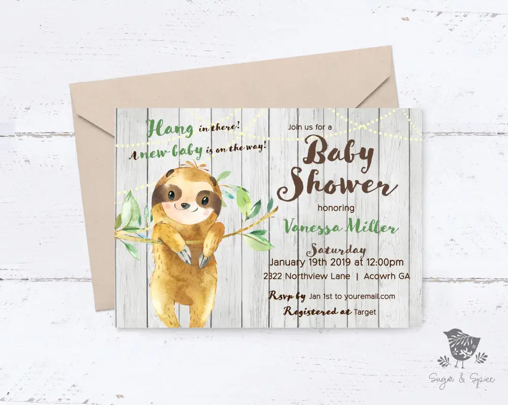 Rustic Sloth Baby Shower Invitation - Premium  from Sugar and Spice Invitations - Just $1.95! Shop now at Sugar and Spice Paper