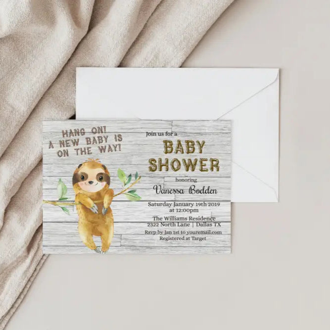 Rustic Sloth Baby Shower Invitation - Premium  from Sugar and Spice Invitations - Just $1.95! Shop now at Sugar and Spice Paper