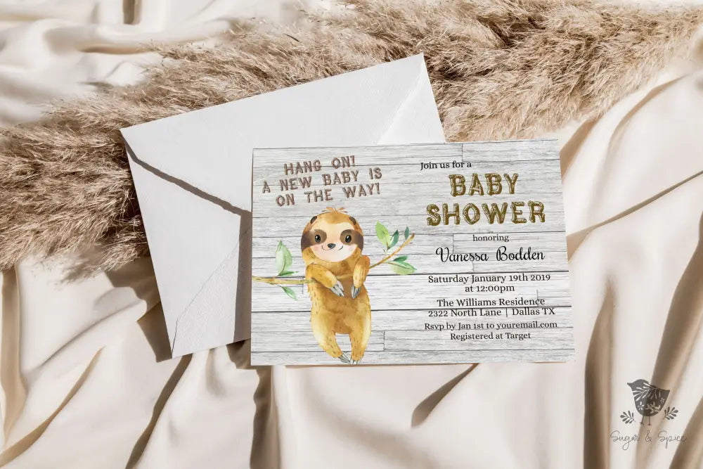Rustic Sloth Baby Shower Invitation - Premium  from Sugar and Spice Invitations - Just $1.95! Shop now at Sugar and Spice Paper
