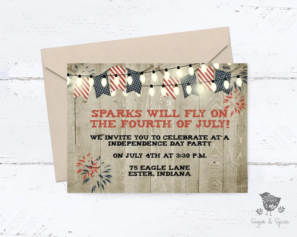 Rustic Sparks will Fly on Fourth of July Invitation - Premium Paper & Party Supplies > Paper > Invitations & Announcements > Invitations from Sugar and Spice Invitations - Just $2.10! Shop now at Sugar and Spice Paper