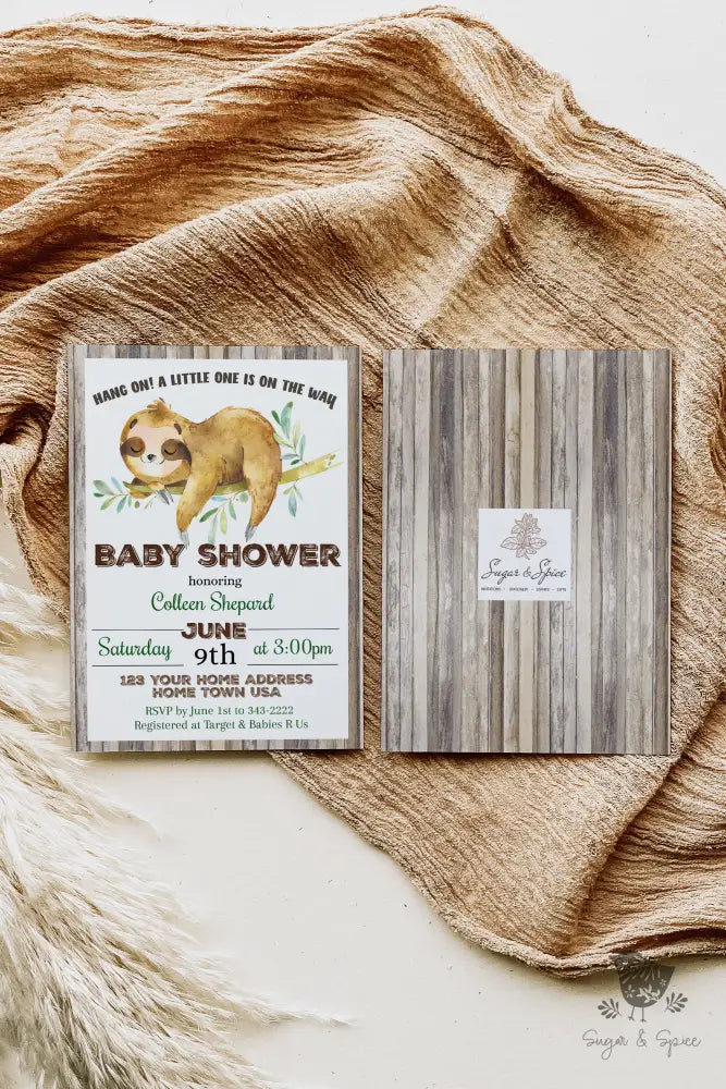 Sloth Baby Shower Invitation - Premium  from Sugar and Spice Invitations - Just $1.95! Shop now at Sugar and Spice Paper