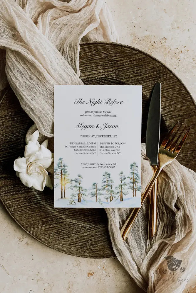 Snow Forest Pine Rehearsal Dinner Invitation - Premium  from Sugar and Spice Invitations - Just $2.15! Shop now at Sugar and Spice Paper