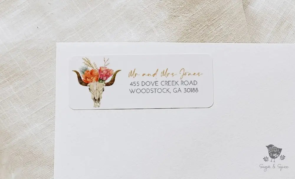 Southwest Bull Skull and Flowers Return Address Sticker - Premium  from Sugar and Spice Invitations - Just $23! Shop now at Sugar and Spice Paper