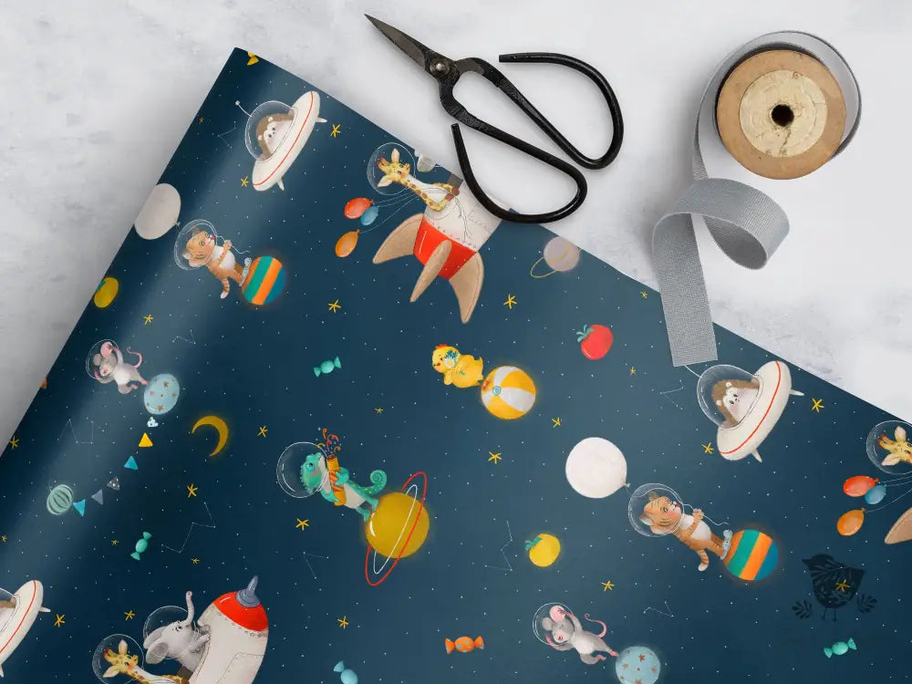 Space Animals Birthday Wrapping Paper - Premium Craft Supplies & Tools > Party & Gifting > Packaging & Wrapping from Sugar and Spice Invitations - Just $26.10! Shop now at Sugar and Spice Paper