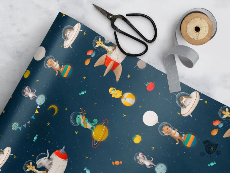 Space Animals Birthday Wrapping Paper Craft Supplies & Tools > Party Gifting Packaging