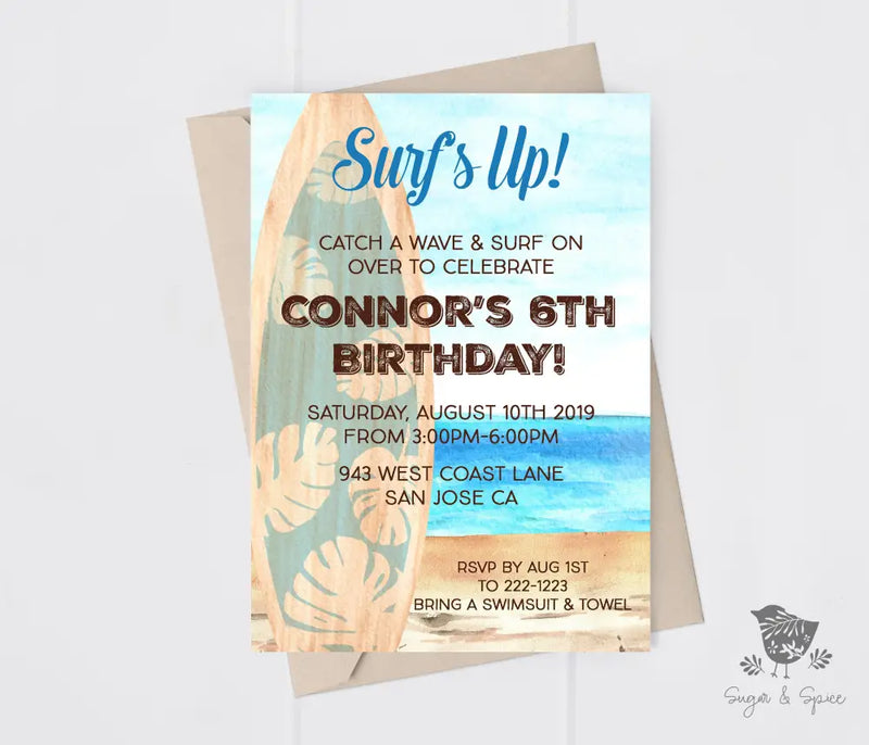 Surfs Up Beach Birthday Invitation - Premium Digital File from Sugar and Spice Invitations - Just $1.95! Shop now at Sugar and Spice Paper