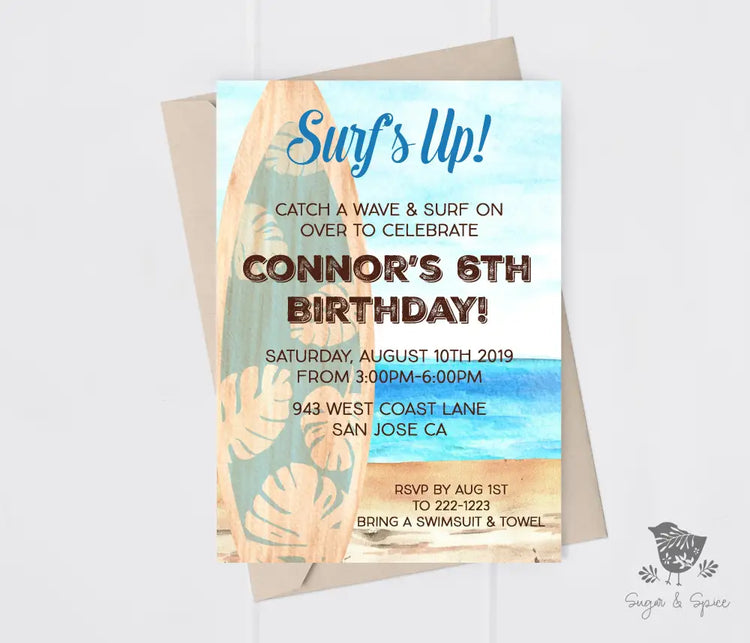 Surfs Up Beach Birthday Invitation - Premium Digital File from Sugar and Spice Invitations - Just $1.95! Shop now at Sugar and Spice Paper