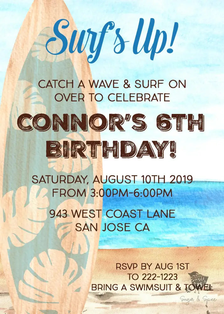 Surfs Up Beach Birthday Invitation - Premium Digital File from Sugar and Spice Invitations - Just $1.95! Shop now at Sugar and Spice Paper