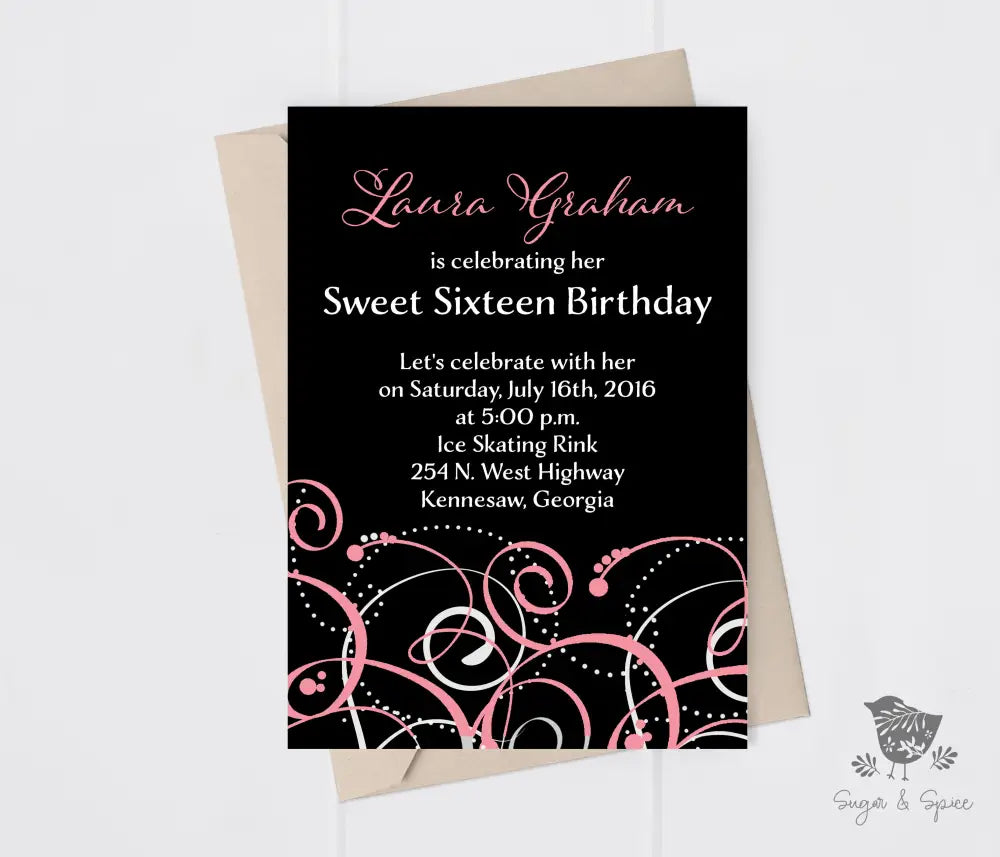 Swirls Sweet Sixteen Birthday Invitation - Premium Digital File from Sugar and Spice Invitations - Just $1.95! Shop now at Sugar and Spice Paper
