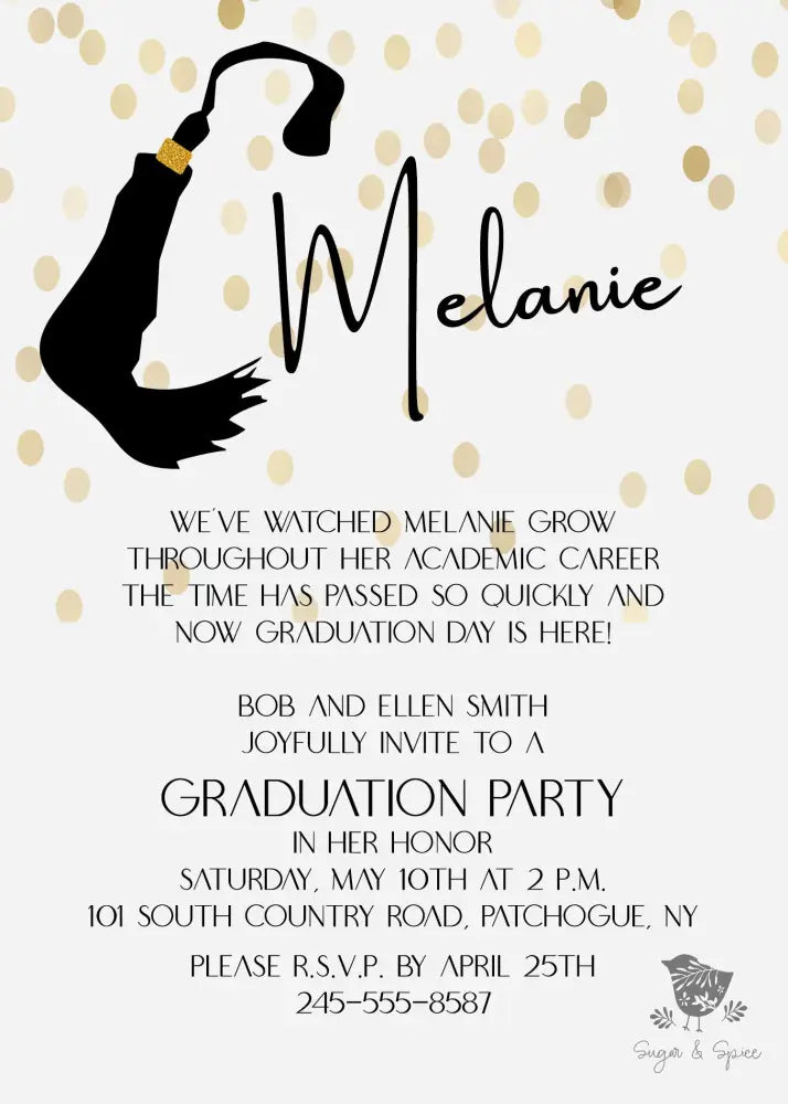 Tassel Black and Gold Glitter Graduation Invitation - Premium Digital File from Sugar and Spice Invitations - Just $2.10! Shop now at Sugar and Spice Paper