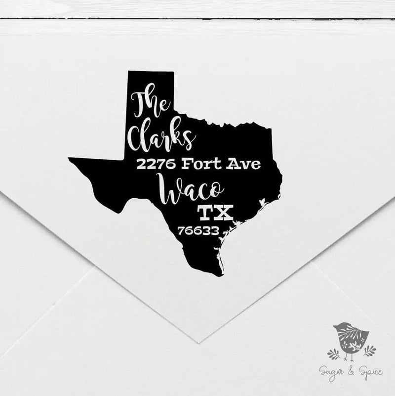 Texas Self Inking Address Stamp - Premium Craft Supplies & Tools > Stamps & Seals > Stamps from Sugar and Spice Invitations - Just $40! Shop now at Sugar and Spice Paper