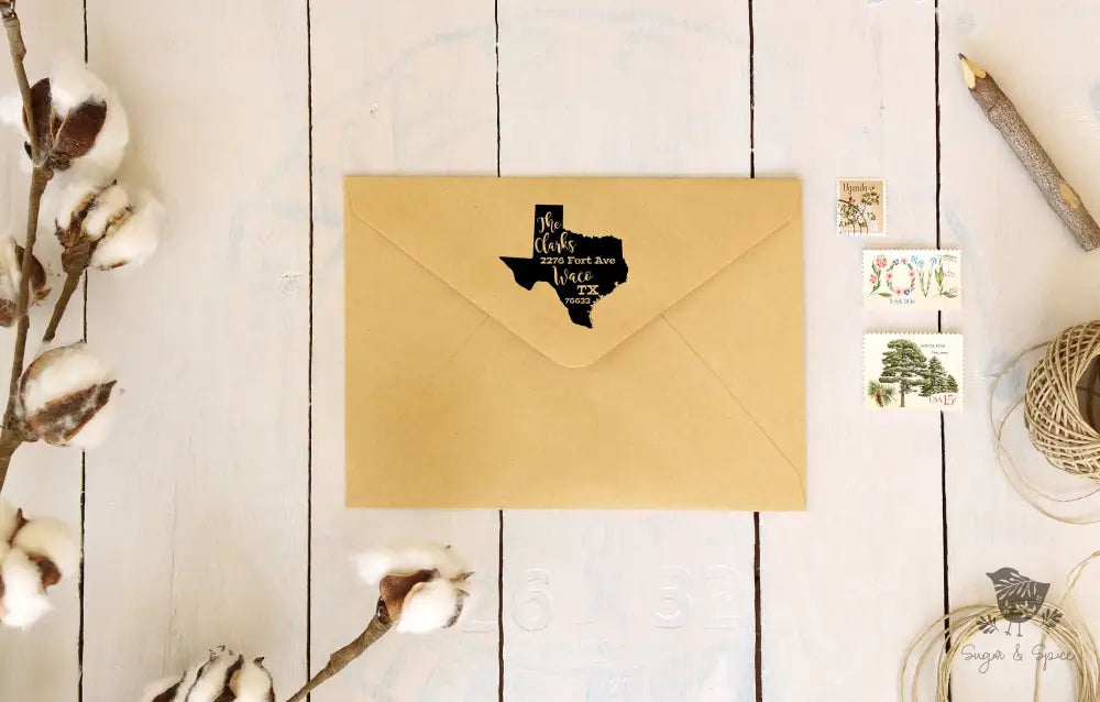 Texas Self Inking Address Stamp - Premium Craft Supplies & Tools > Stamps & Seals > Stamps from Sugar and Spice Invitations - Just $40! Shop now at Sugar and Spice Paper