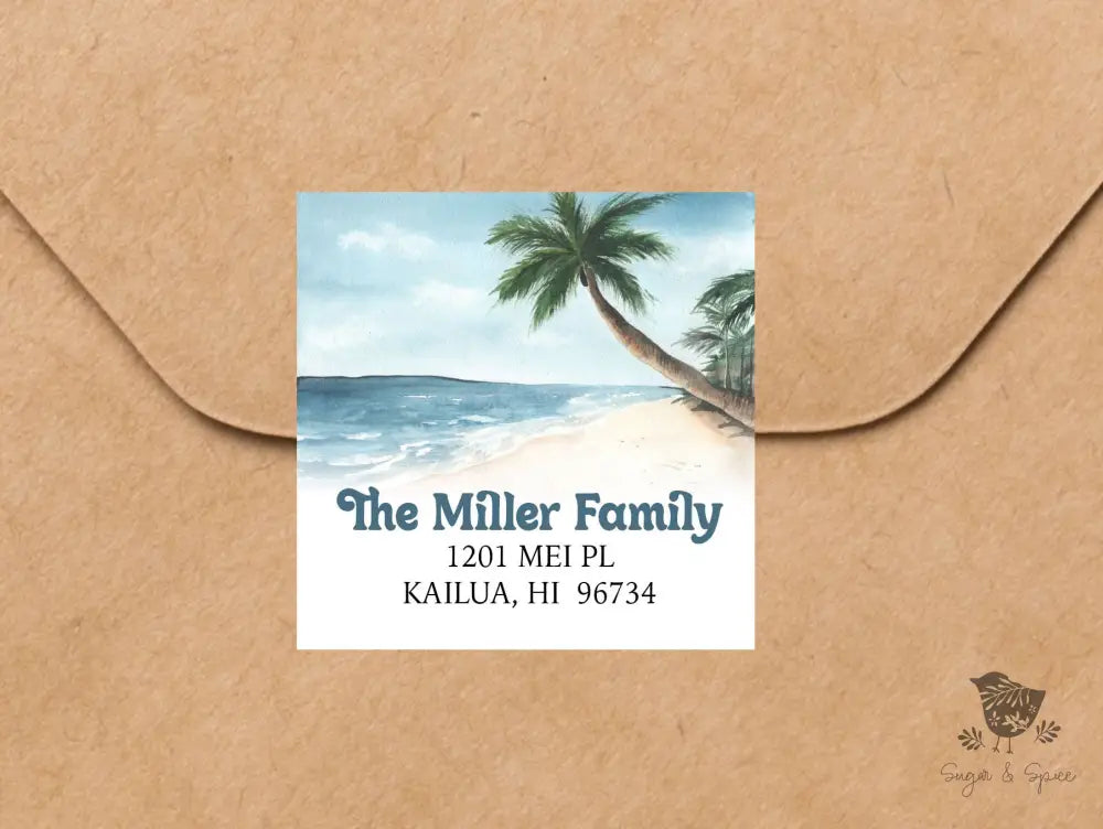 Tropical Beach Square Return Address Sticker - Premium  from Sugar and Spice Invitations - Just $9.95! Shop now at Sugar and Spice Paper