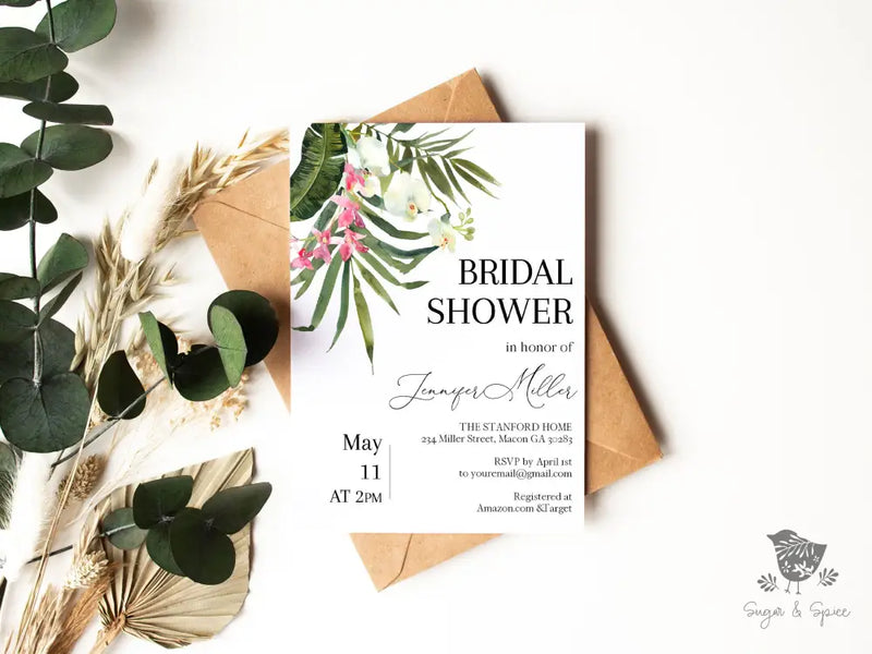 Tropical Floral Bridal Shower Invitation - Premium  from Sugar and Spice Invitations - Just $1.95! Shop now at Sugar and Spice Paper