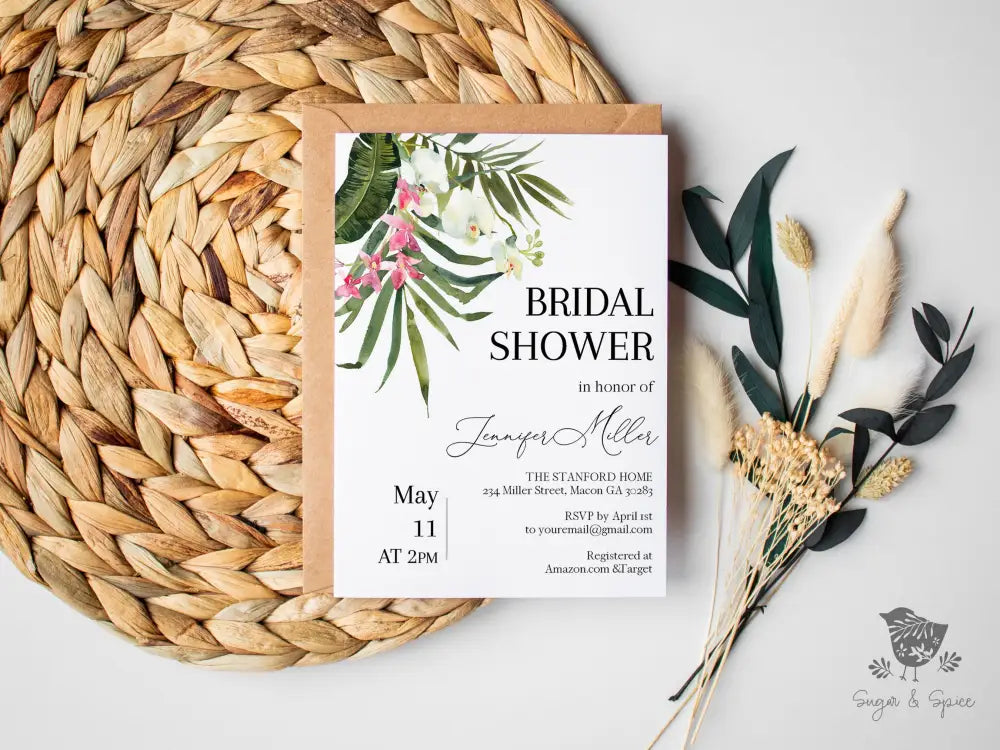 Tropical Floral Bridal Shower Invitation - Premium  from Sugar and Spice Invitations - Just $1.95! Shop now at Sugar and Spice Paper