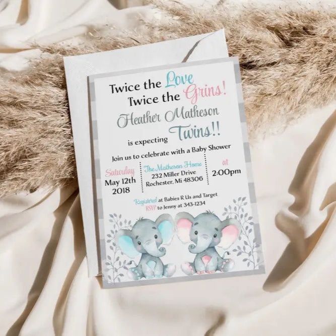 Twin Elephant Baby Shower Invitation - Premium  from Sugar and Spice Invitations - Just $1.95! Shop now at Sugar and Spice Paper