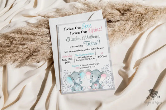 Twin Elephant Baby Shower Invitation - Premium  from Sugar and Spice Invitations - Just $1.95! Shop now at Sugar and Spice Paper