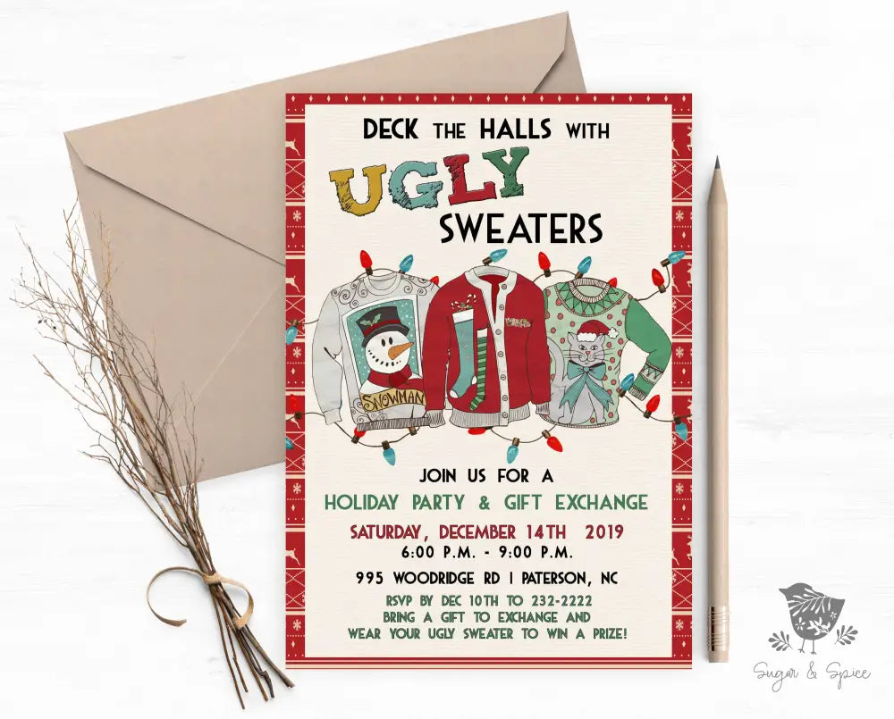 Ugly Sweater Christmas Invitation - Premium Digital File from Sugar and Spice Invitations - Just $2.10! Shop now at Sugar and Spice Paper