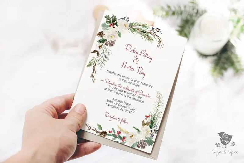 Watercolor Christmas Wedding Invitation - Premium  from Sugar and Spice Invitations - Just $2.15! Shop now at Sugar and Spice Paper