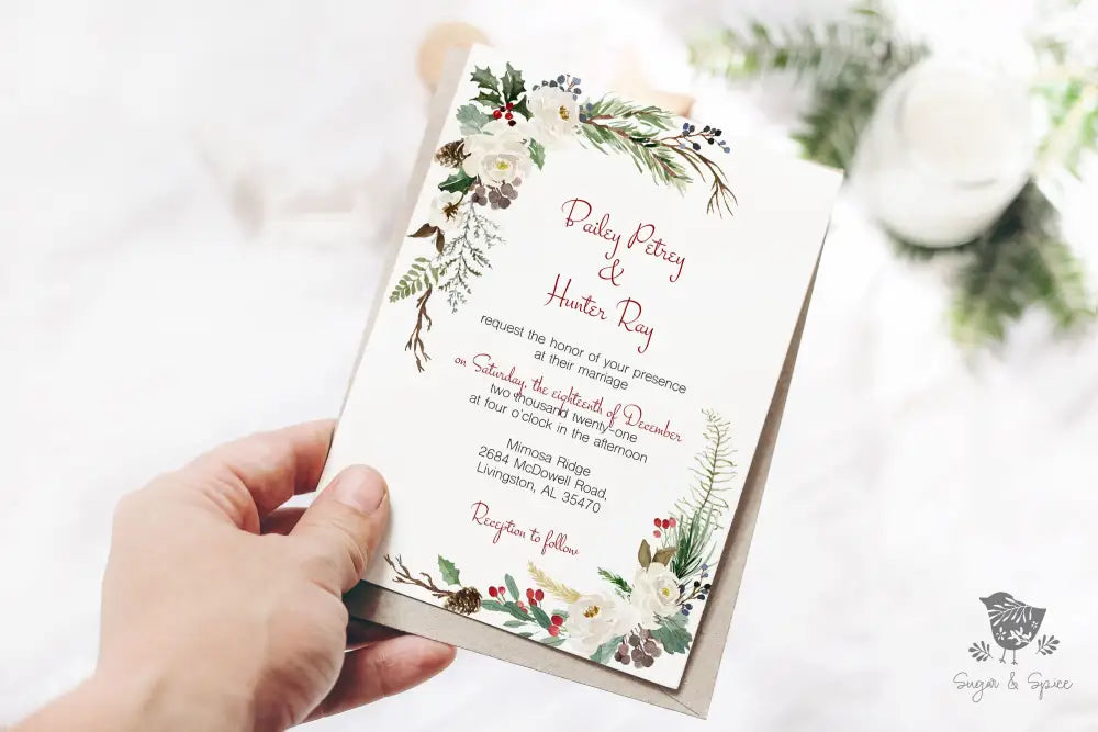 Watercolor Christmas Wedding Invitation - Premium  from Sugar and Spice Invitations - Just $2.15! Shop now at Sugar and Spice Paper