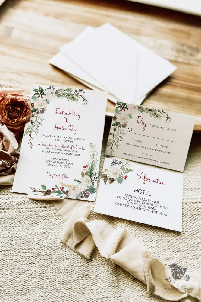 Watercolor Christmas Wedding Invitation - Premium  from Sugar and Spice Invitations - Just $2.15! Shop now at Sugar and Spice Paper