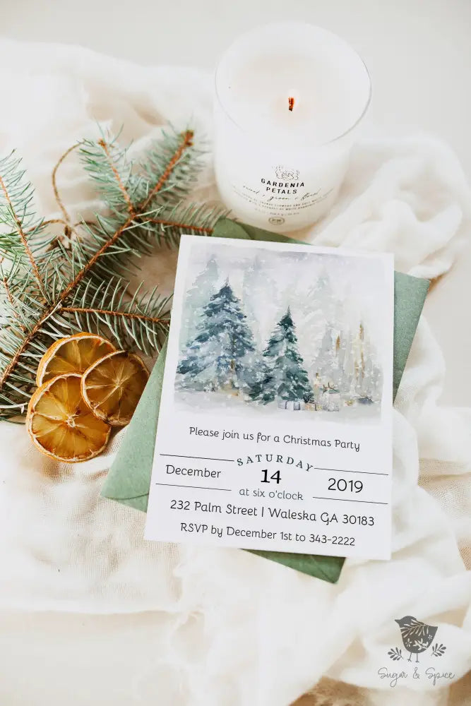 Watercolor Woodland Snow Forest Christmas Invitation - Premium Digital File from Sugar and Spice Invitations - Just $2.10! Shop now at Sugar and Spice Paper