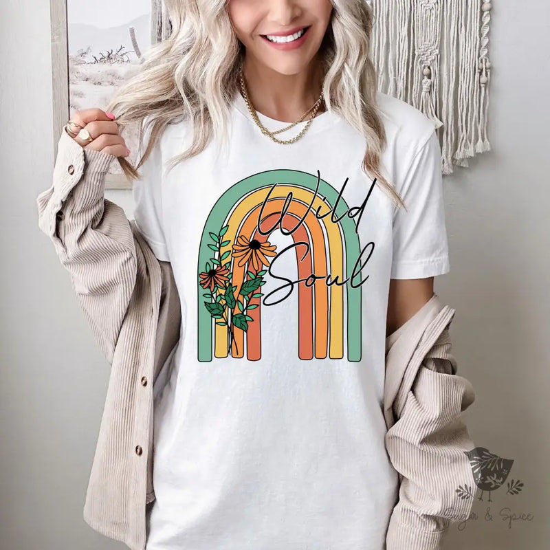 Wild Soul Rainbow & Flowers T-Shirt - Premium T-Shirt from Printify - Just $22.38! Shop now at Sugar and Spice Paper