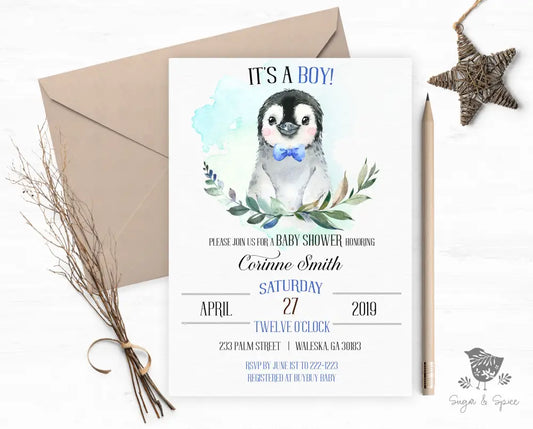 Winter Penguin Baby Shower Invitation - Premium  from Sugar and Spice Invitations - Just $1.95! Shop now at Sugar and Spice Paper